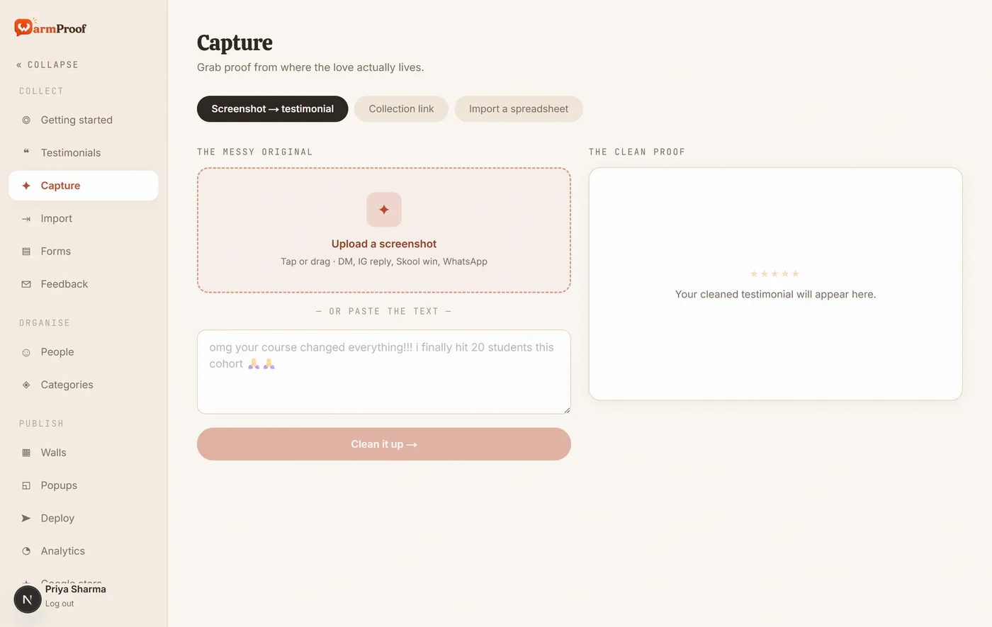 The Capture screen, waiting for a screenshot to be dropped in