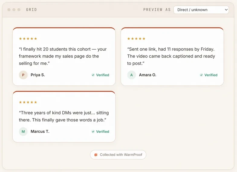 A live preview of a Wall of Love: approved, verified testimonials laid out as a grid